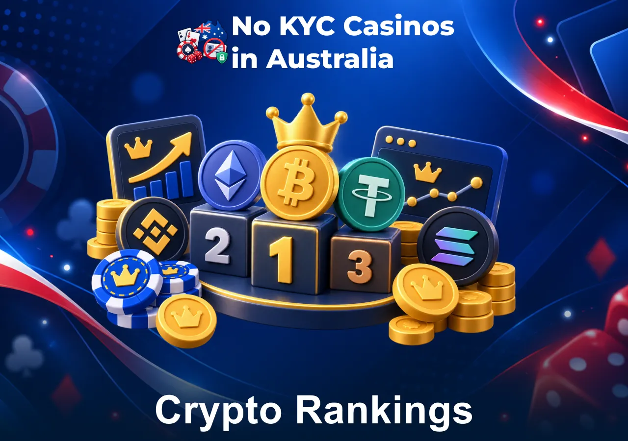 Crypto casino rankings featuring Bitcoin, Ethereum, Tether, Binance and Solana.
